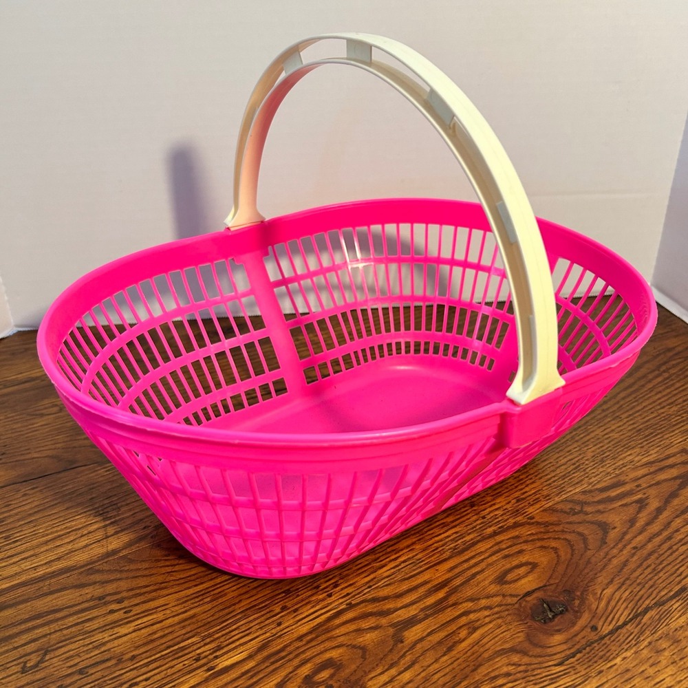 Vintage Neon Hot Pink Plastic Easter Basket with Cream Handle 12.5 Inch - Picture 3 of 6